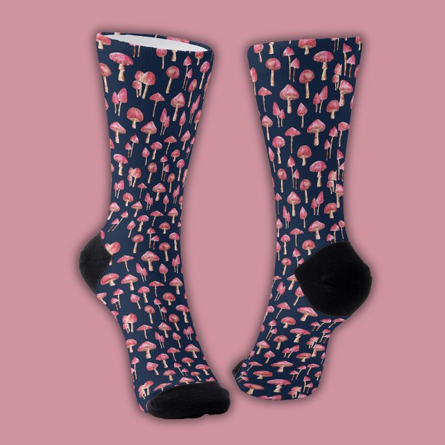 Rosa Pilzmuster Socken (Pink mushroom navy blue patterned socks)