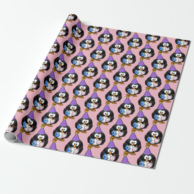 Rosa Pinguin-Geburtstags-Geschenk-Verpackung Geschenkpapier (Ungerollt)