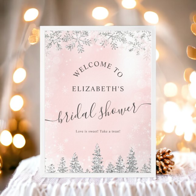 Rosa Pinienkiefer mit Silberblüte Brautparty Poster (Silver blush pink snow pine welcome bridal shower poster)