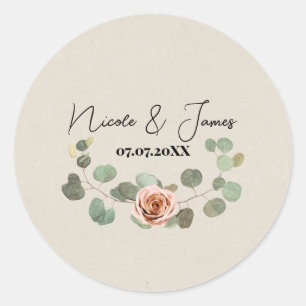 Rosa Pink & Eukalyptus Herz Rustikale Hochzeit Runder Aufkleber