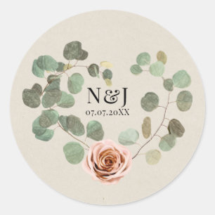 Rosa Pink & Eukalyptus Herz Rustikale Hochzeit Runder Aufkleber