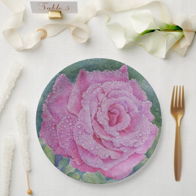 Rosa Pink mit Regentropfen  Pappteller (Hochzeit)