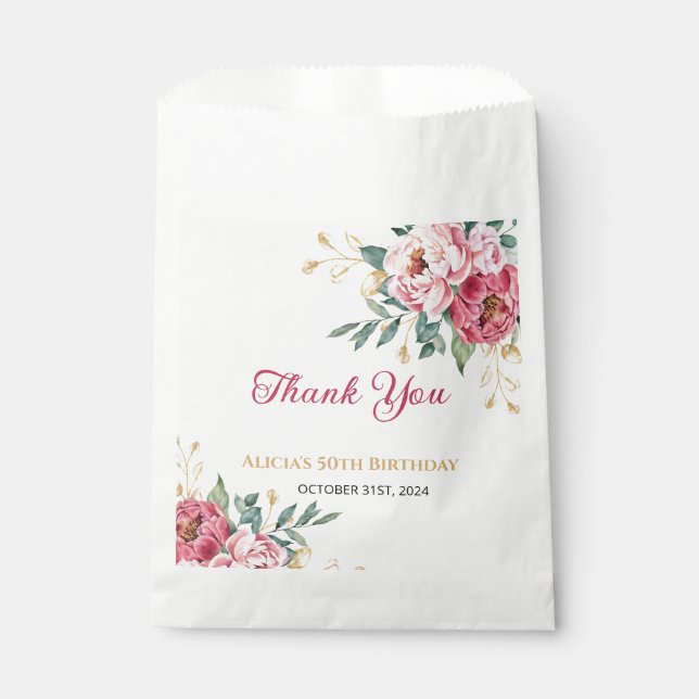 Rosa Pink Peony Gold Leaf Grüne Geburtstag Geschenktütchen (Vorderseite)