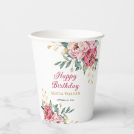 Rosa Pink Peony Gold Leaf Grüne Geburtstag Pappbecher