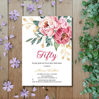 Rosa Pink Peony Gold Leaf Rustikale Flora Geburtst Einladung