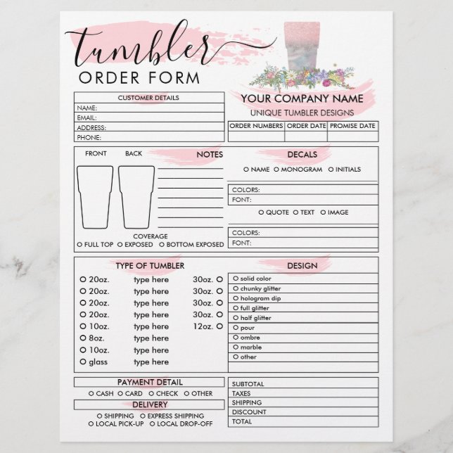 Rosa Pinsel-Tumbler-Mug-Tasse Bestellformular Flyer (Vorne)