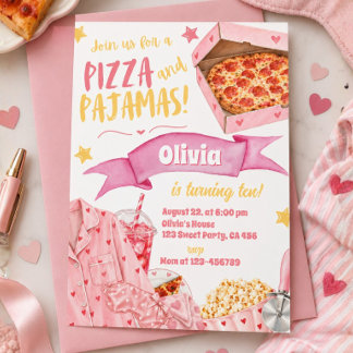 Rosa Pizza und Pyjama Mädchen-Schlafpärty Geburtst Einladung