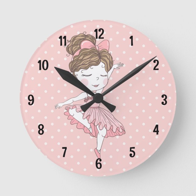 Rosa Polka dot ballerina Runde Wanduhr (Vorderseite)