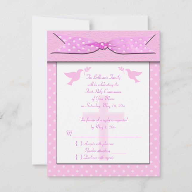 Rosa Polka Dot First Holy Communy RSVP Card Einladung (Vorderseite)