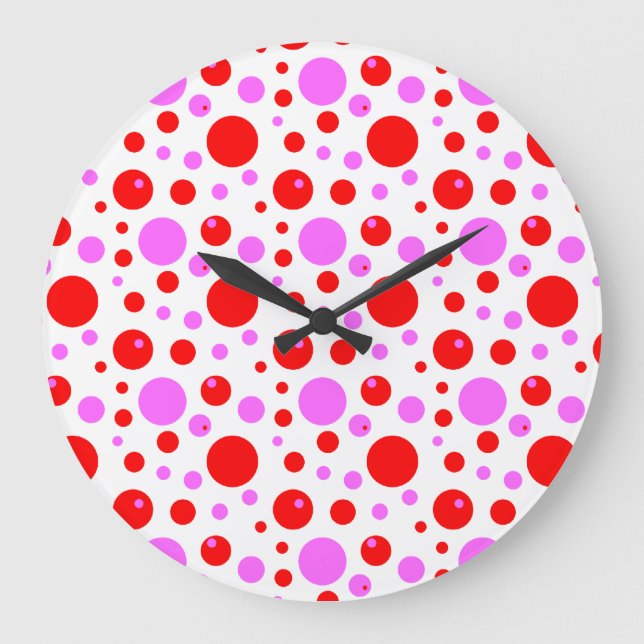 Rosa Polka Dots Wall Clock Große Wanduhr (Vorderseite)