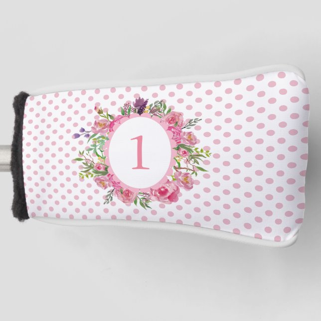 Rosa Polka-Punkt-und Blumen-Putter-Abdeckung Golf Headcover (Vorderseite)