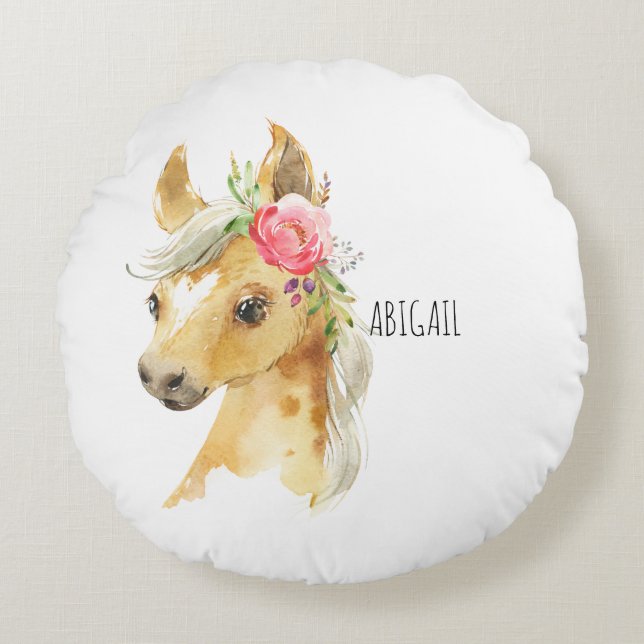 Rosa Pony Individuelle Name Rundkissen Rundes Kissen (Vorderseite)