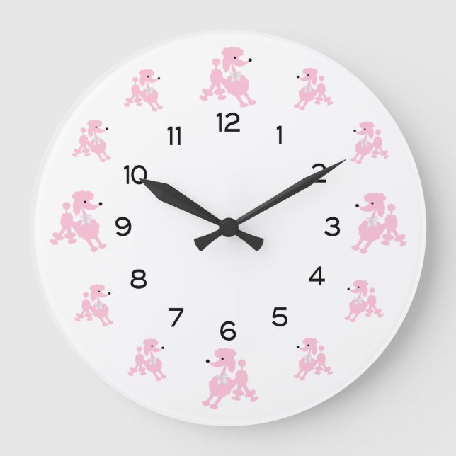 Rosa Poodles mit weißen Ribbons Große Wanduhr (Vorderseite)
