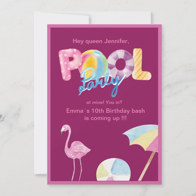 Rosa Pool Party Geburtstag Einladung (Vorderseite)