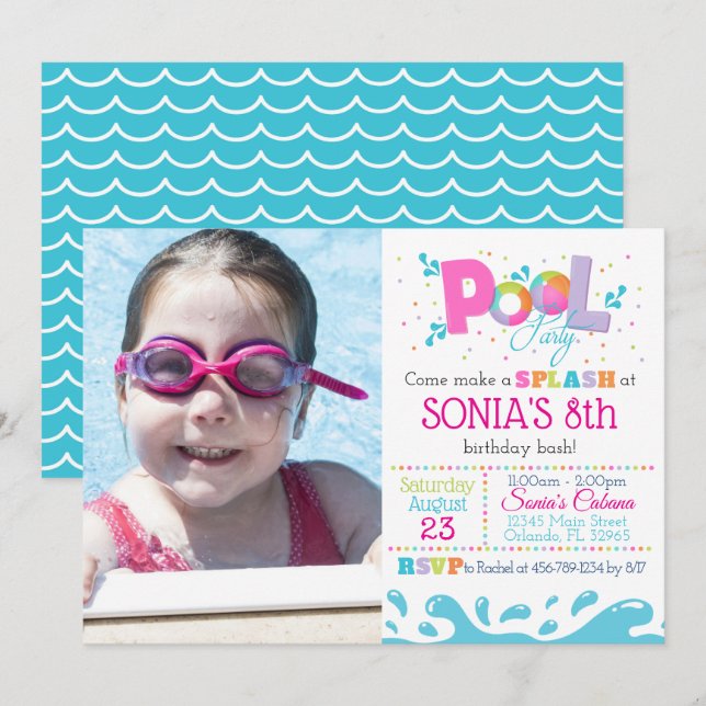 Rosa Pool-Party Invitaiton - Mädchen-Pool-Party Einladung (Vorne/Hinten)