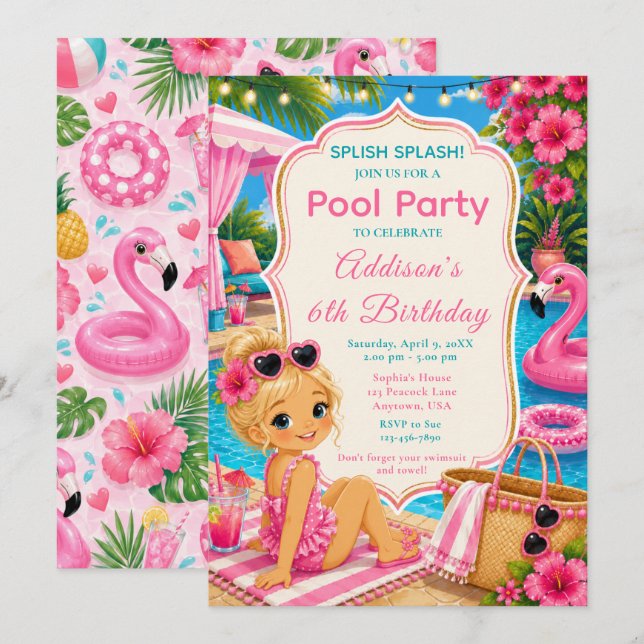 Rosa Poolparty Mädchen Geburtstag Einladung (Vorne/Hinten)