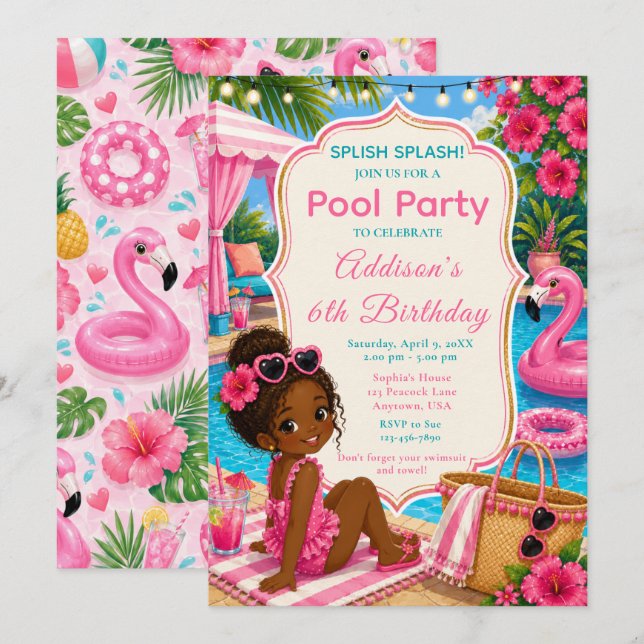 Rosa Poolparty Mädchen Geburtstag Einladung (Vorne/Hinten)