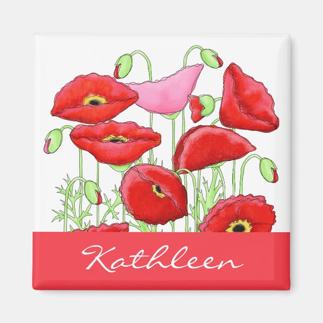Rosa Poppies Art Individuelle Name Personalisiert Magnet (Vorne)