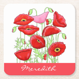Rosa Poppies Art Individuelle Name Personalisiert Rechteckiger Pappuntersetzer