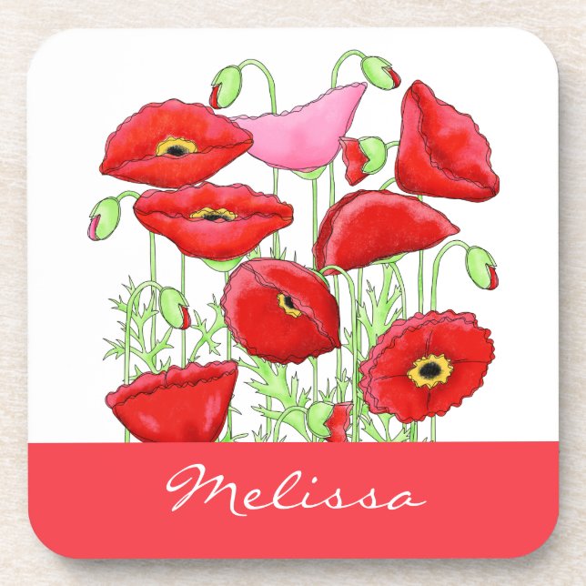 Rosa Poppies Art Individuelle Name Personalisiert Untersetzer (Vorderseite)