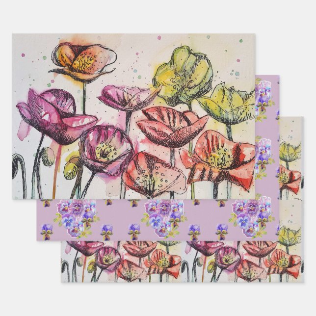 Rosa Poppy Blume Blumenmotive Geschenkpapier Set (Set)