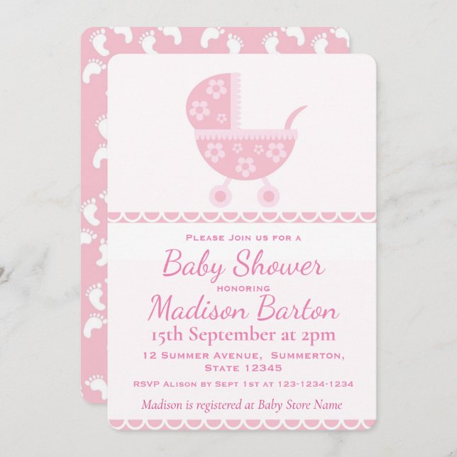 Rosa Pram-niedliche Mädchen-Baby-Dusche Einladung (Vorne/Hinten)