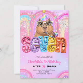 Rosa Preppy Capybara 7. Geburtstag Einladung