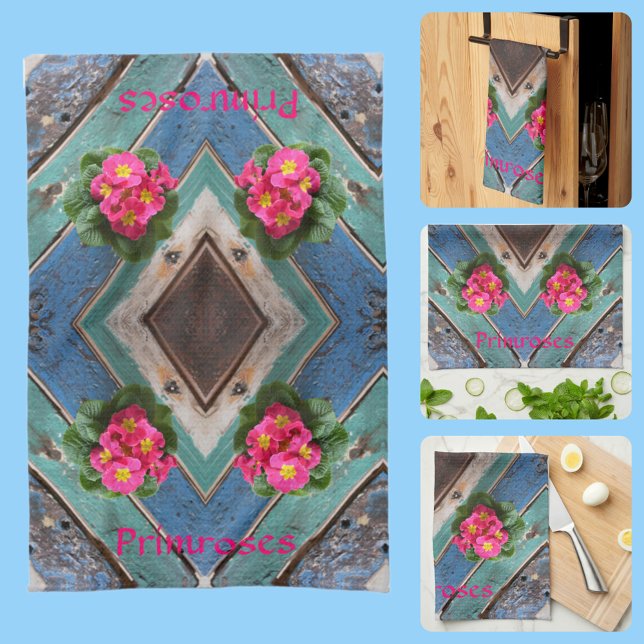 Rosa Primroses Rustikales blaues grünes Boatboard Geschirrtuch (Von Creator hochgeladen)