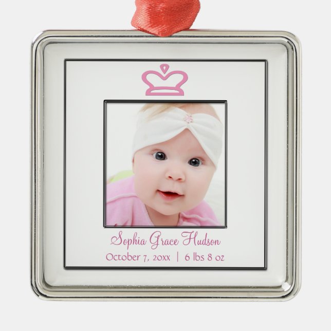 Rosa Princess Crown Baby Girl Foto Silbernes Ornament (Vorne)