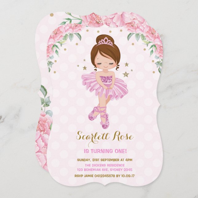 Rosa Prinzessin Ballerina Birthday Invite Tutu Par Einladung (Vorne/Hinten)