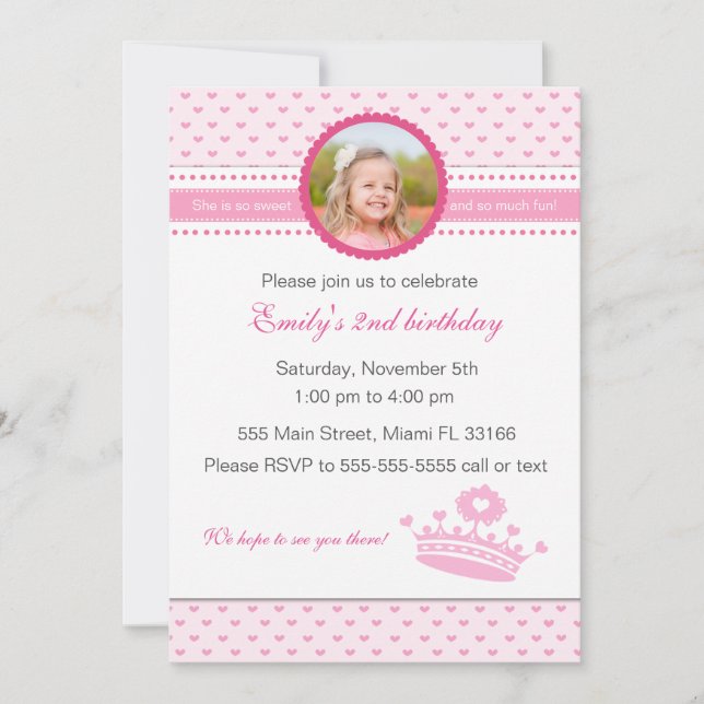 Rosa Prinzessin-Birthday Foto Invitation Girl Einladung (Vorderseite)