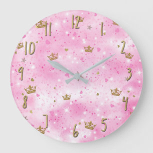 Rosa Prinzessin Herzen Sterne Kronen Glitter Funke Große Wanduhr