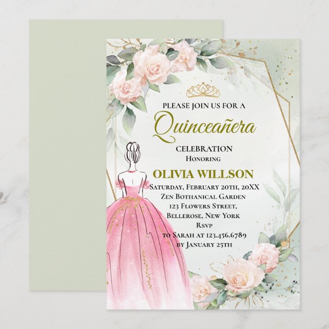 Rosa Prinzessin Kleid Quinceanera Einladung (Vorne/Hinten)