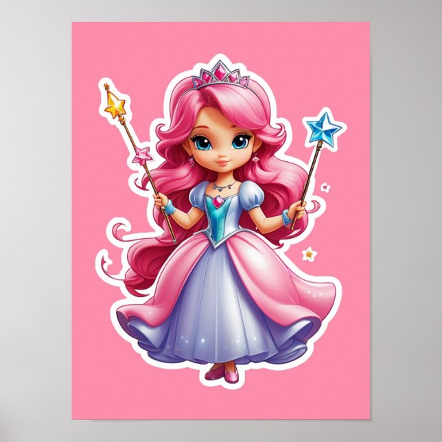 Rosa Prinzessin mit zauberhafter Wand und Tiara Poster (Vorne)