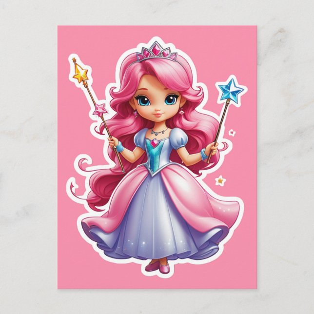 Rosa Prinzessin mit zauberhafter Wand und Tiara Postkarte (Vorderseite)