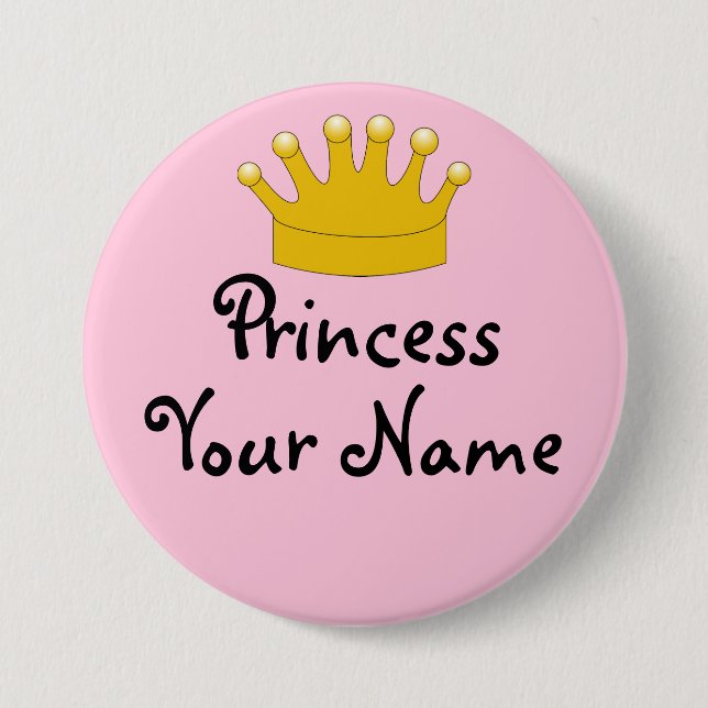 Rosa Prinzessin Nametag Pin Gold Crown Button (Vorderseite)