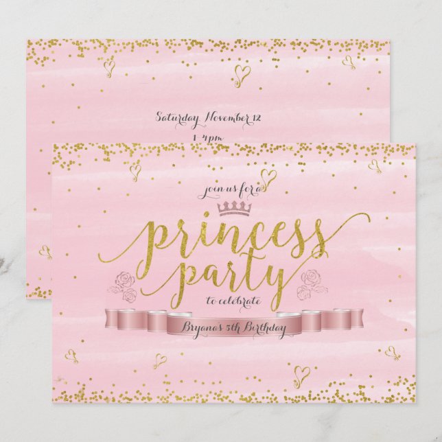Rosa Prinzessin Party & Gold Einladungen zum Gebur (Vorne/Hinten)