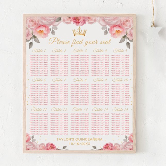 Rosa Prinzessin Quinceañera 15 Tische Sitzplan Poster (Von Creator hochgeladen)