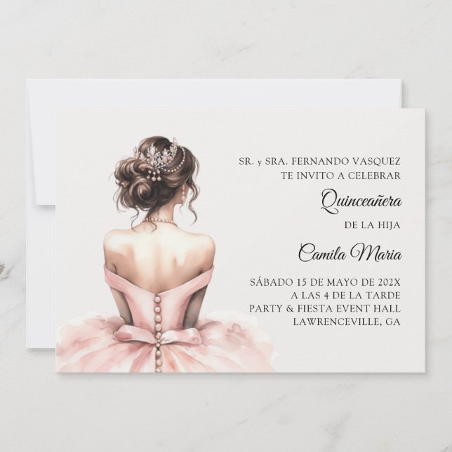 Rosa Prinzessin Quinceañera Spanisch 15. Geburtsta Einladung (Vorderseite)