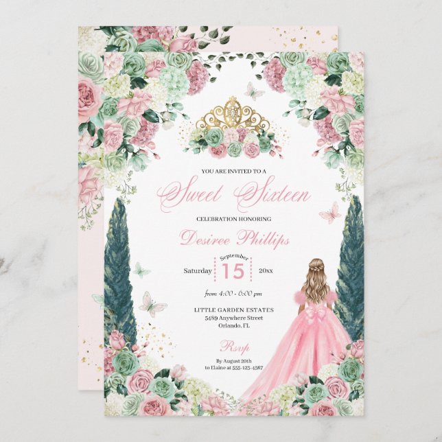 Rosa Prinzessin Verzauberter Garten 16 . Geburtsta Einladung (Vorne/Hinten)