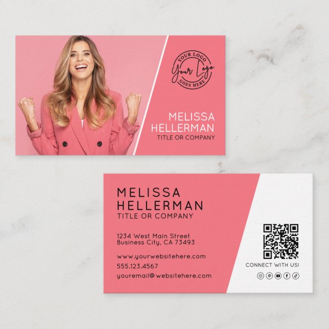 Rosa Professionelles Foto QR-Code Ihr Logo Visitenkarte (Vorne/Hinten)