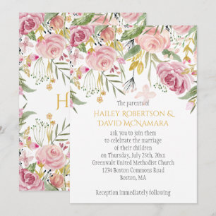 Rosa Puder-Blush-Gold-Grün Florale Hochzeit Einladung
