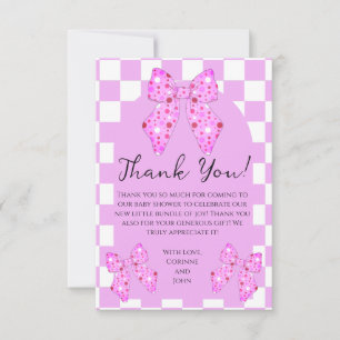 Rosa Punkte-Schleifen Gingham Karo-Baby-Party Dankeskarte