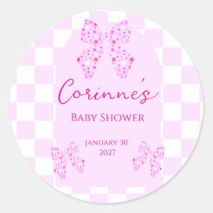 Rosa Punkte-Schleifen Gingham Karo-Baby-Party Runder Aufkleber