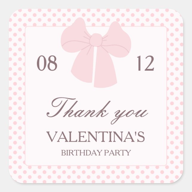 Rosa Punkte und rosa Bugmädchen Geburtstag Quadratischer Aufkleber (Vorderseite)