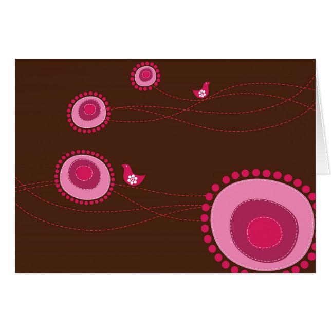 Rosa punktierte Blumen und glückliche Vogel-Karte (Vorderseite (Horizontal))