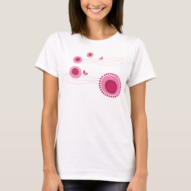 Rosa punktierte Blumen und Vogel-T - Shirt (Vorderseite)