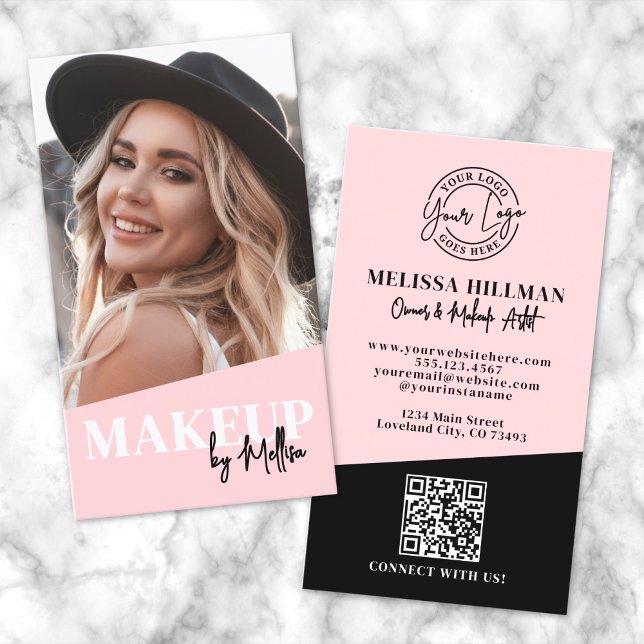 Rosa QR-Code-Foto-Logo-Makeup-Vertikal Visitenkarte (Blush Pink QR Code Photo Logo Makeup Vertical Business Card)