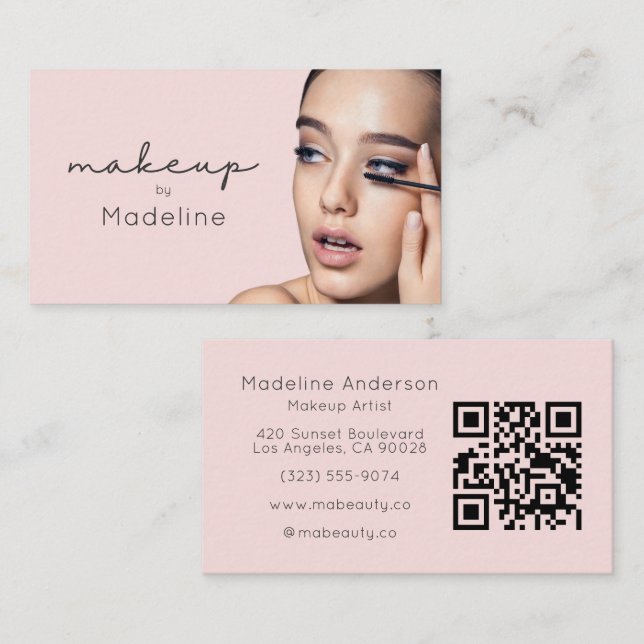 Rosa QR-Code-Foto-Make-up Visitenkarte (Vorne/Hinten)