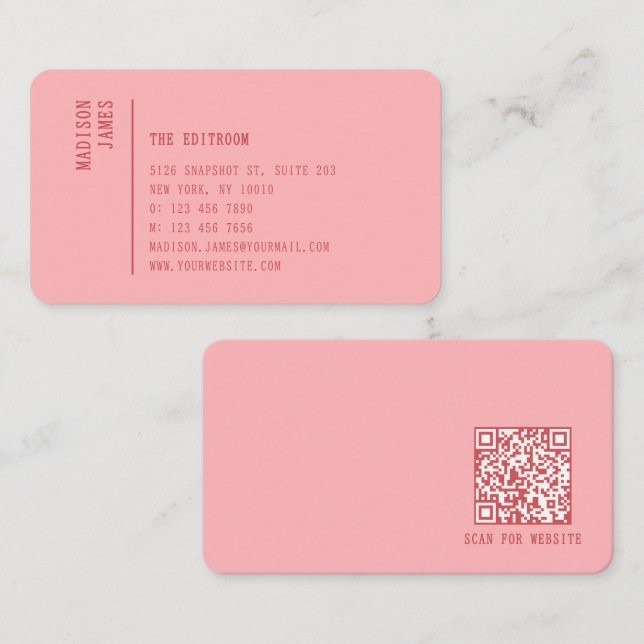 Rosa QR-Code Minimalistisch Einfach Modern Visitenkarte (Vorne/Hinten)